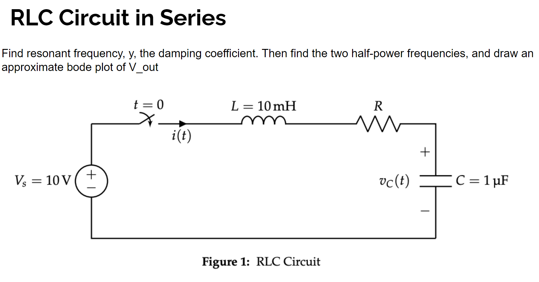 RLC Circuit in Series Find resonant frequency, y, the