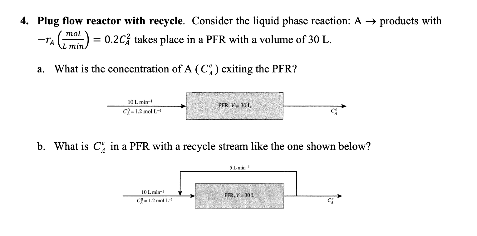 Solved 4. Plug flow reactor with recycle. Consider the | Chegg.com