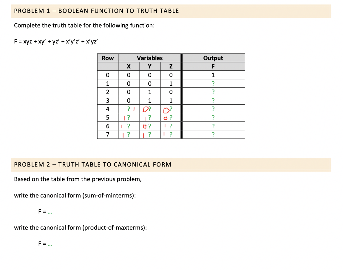 Solved PROBLEM 1 - BOOLEAN FUNCTION TO TRUTH TABLE Complete | Chegg.com