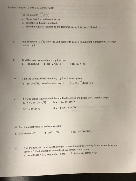 Solved Review sheet test 3 mth 130 summer 2017 For the point | Chegg.com