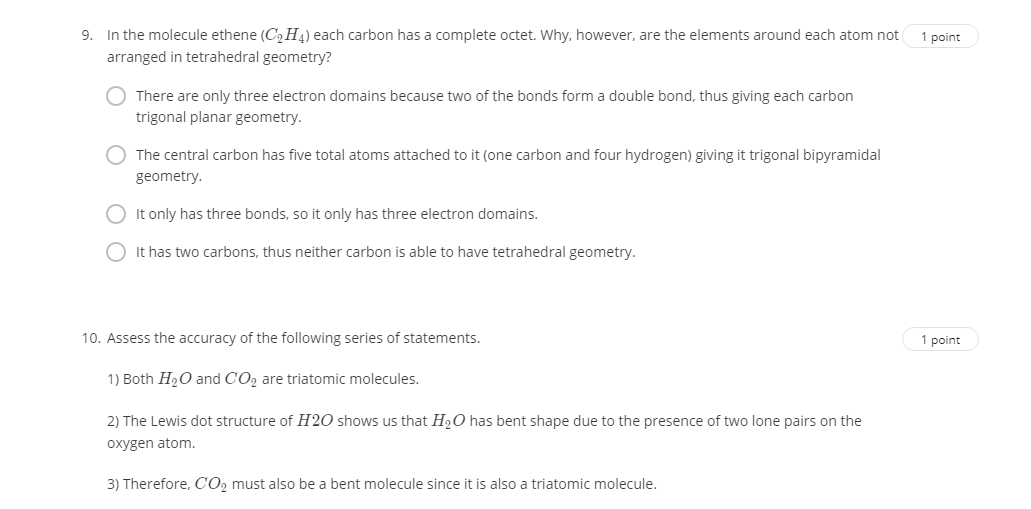 Solved 1 point 9. In the molecule ethene C2H4 each carbon