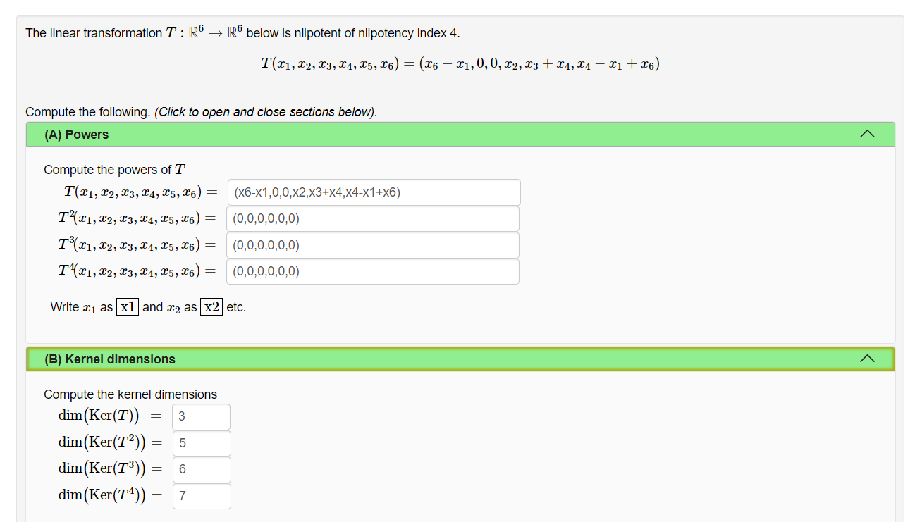 Solved The linear transformation T:R6 R below is nilpotent | Chegg.com