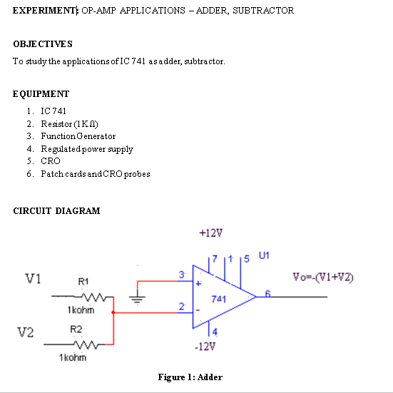 Solved EXPERIMENT; OPAMP APPLICATIONS ADDER, SUBTRACTOR