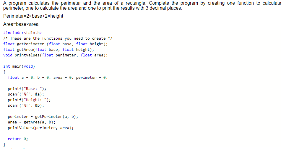 Solved A program calculates the perimeter and the area of a | Chegg.com