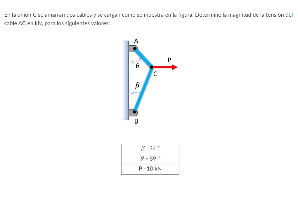 En la unión C se amarran dos cables y se cargan como se muestra en la figura. Determine la magnitud de la tensión del cable A