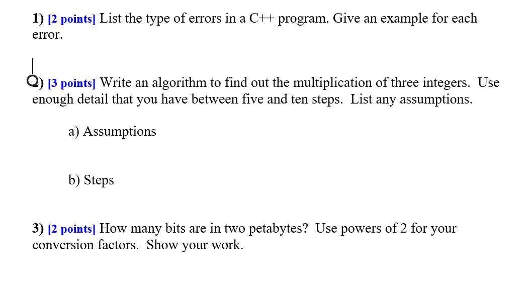 Solved 1) (2 points] List the type of errors in a C++ | Chegg.com