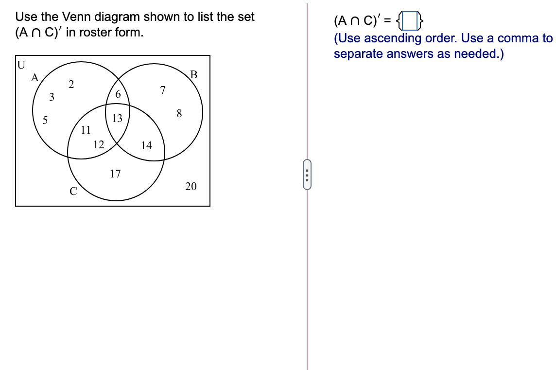 Solved Use the Venn diagram shown to list the set (An C)' in