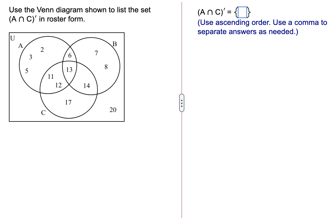 Solved Use The Venn Diagram Shown To List The Set (An C)' In | Chegg.com