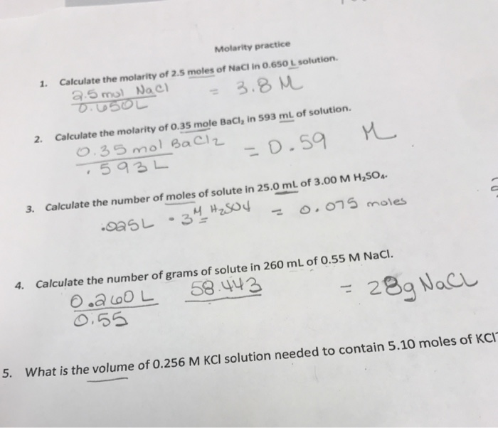 Solved Molarity practice 1. Calculate the molarity of 2.5 | Chegg.com