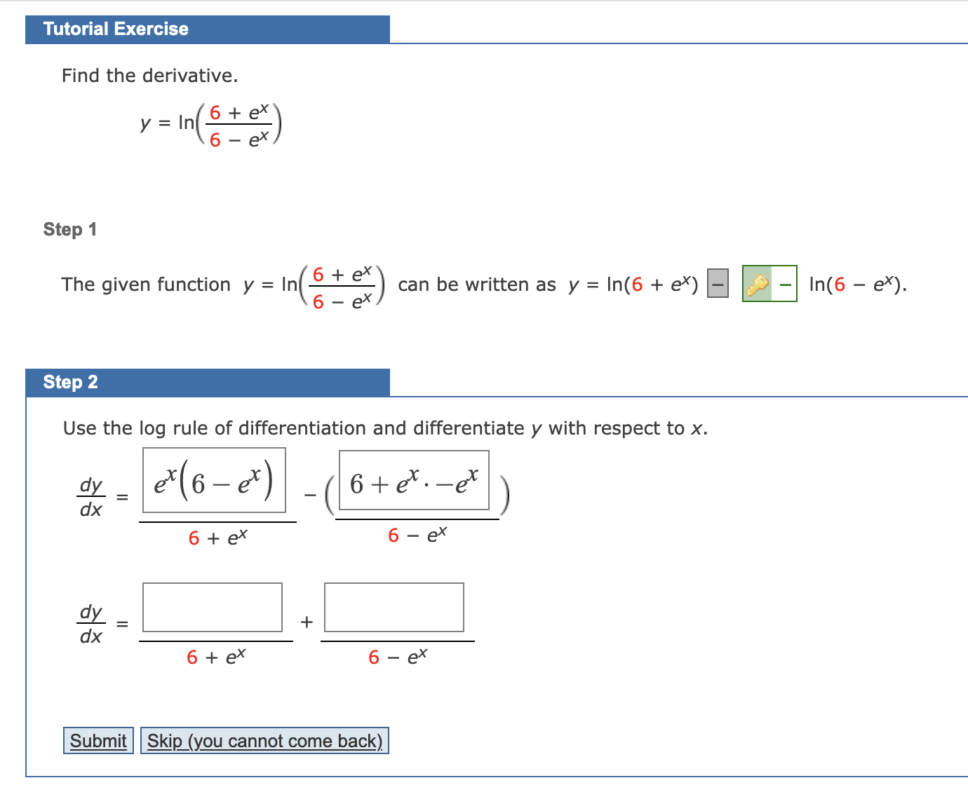 Solved Find The Derivative Y Ln 6ex6 Ex Step 1 The Given Chegg Com