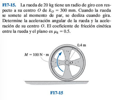 F17-15. La rueda de \( 20 \mathrm{~kg} \) tiene un radio de giro con respecto a su centro \( O \) de \( k_{O}=300 \mathrm{~mm