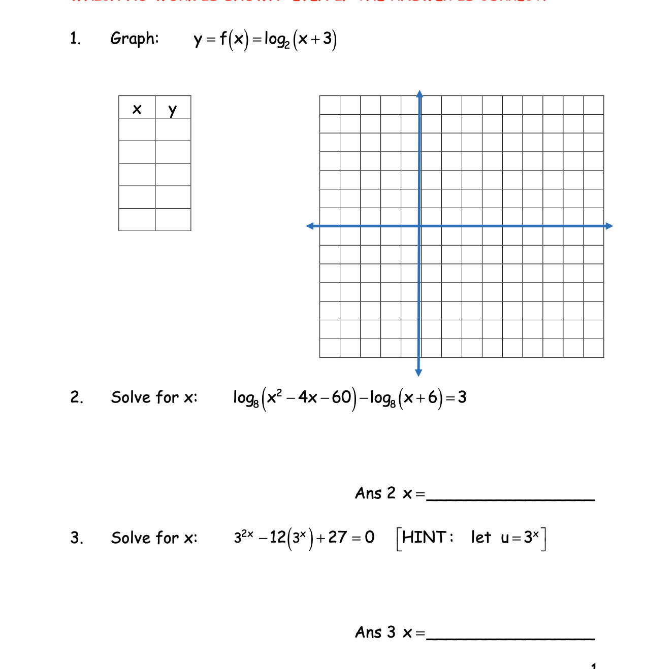 Solved 1 Graph Y F X 1092 X 3 X Y 2 Solve For X Chegg Com