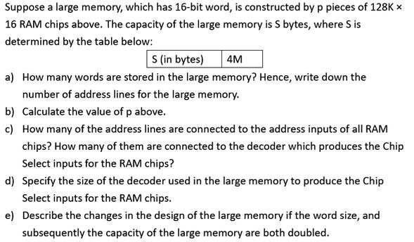 Solved Suppose a large memory, which has 16-bit word, is | Chegg.com