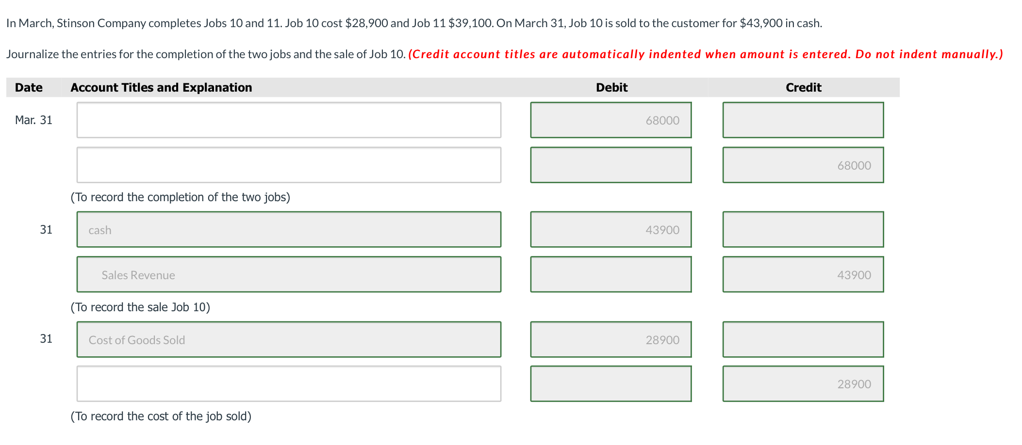 Solved In March, Stinson Company completes Jobs 10 and 11.