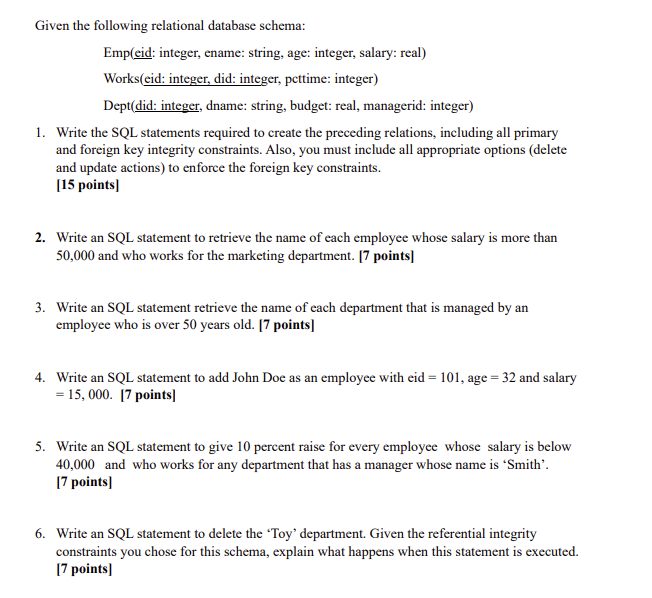 Solved Given the following relational database schema: | Chegg.com