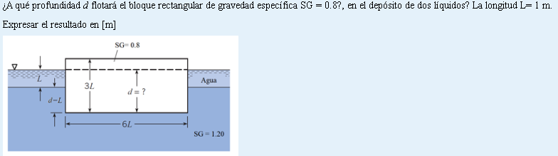 ¿A qué profundidad d flotará el bloque rectangular de gravedad específica SG = 0.8?, en el depósito de dos líquidos? La longi