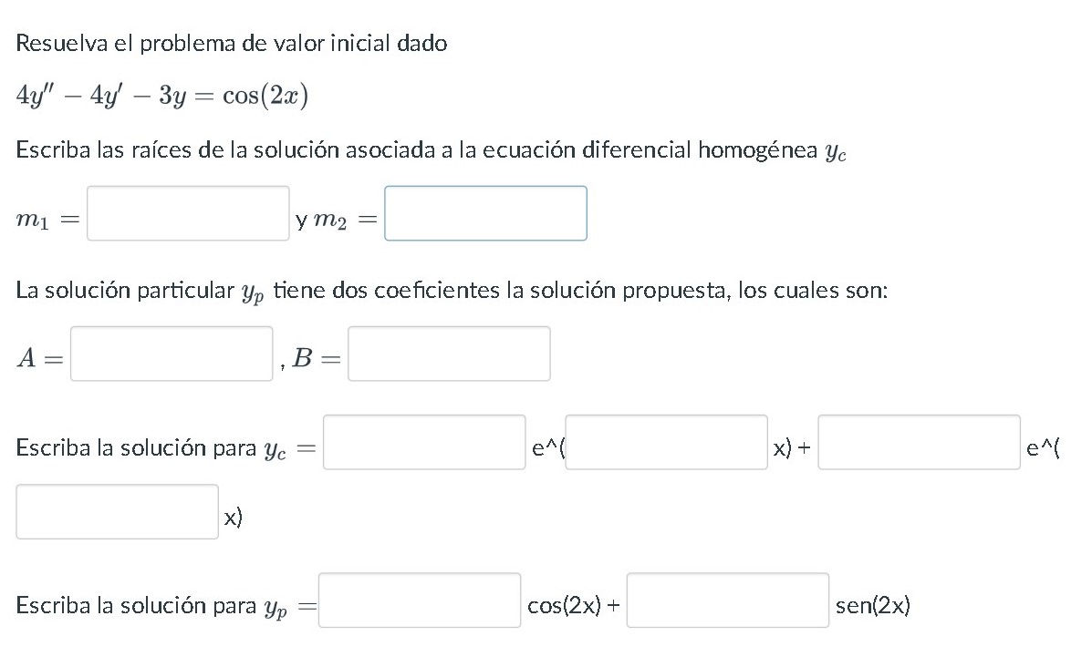 Resuelva el problema de valor inicial dado \[ 4 y^{\prime \prime}-4 y^{\prime}-3 y=\cos (2 x) \] Escriba las raíces de la sol