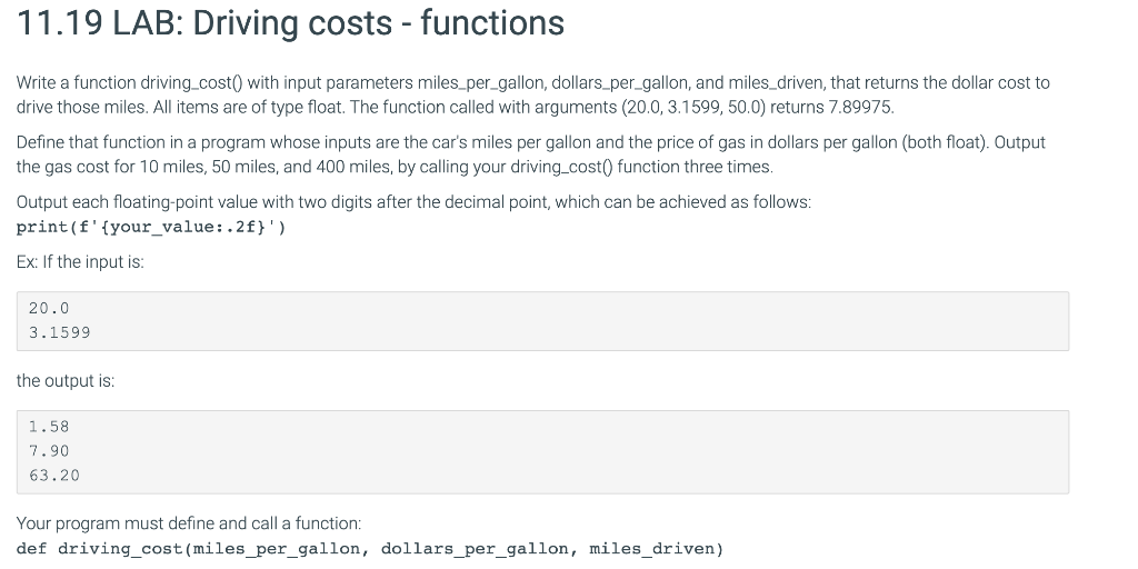 Solved Write a function driving_cost() with input parameters | Chegg.com