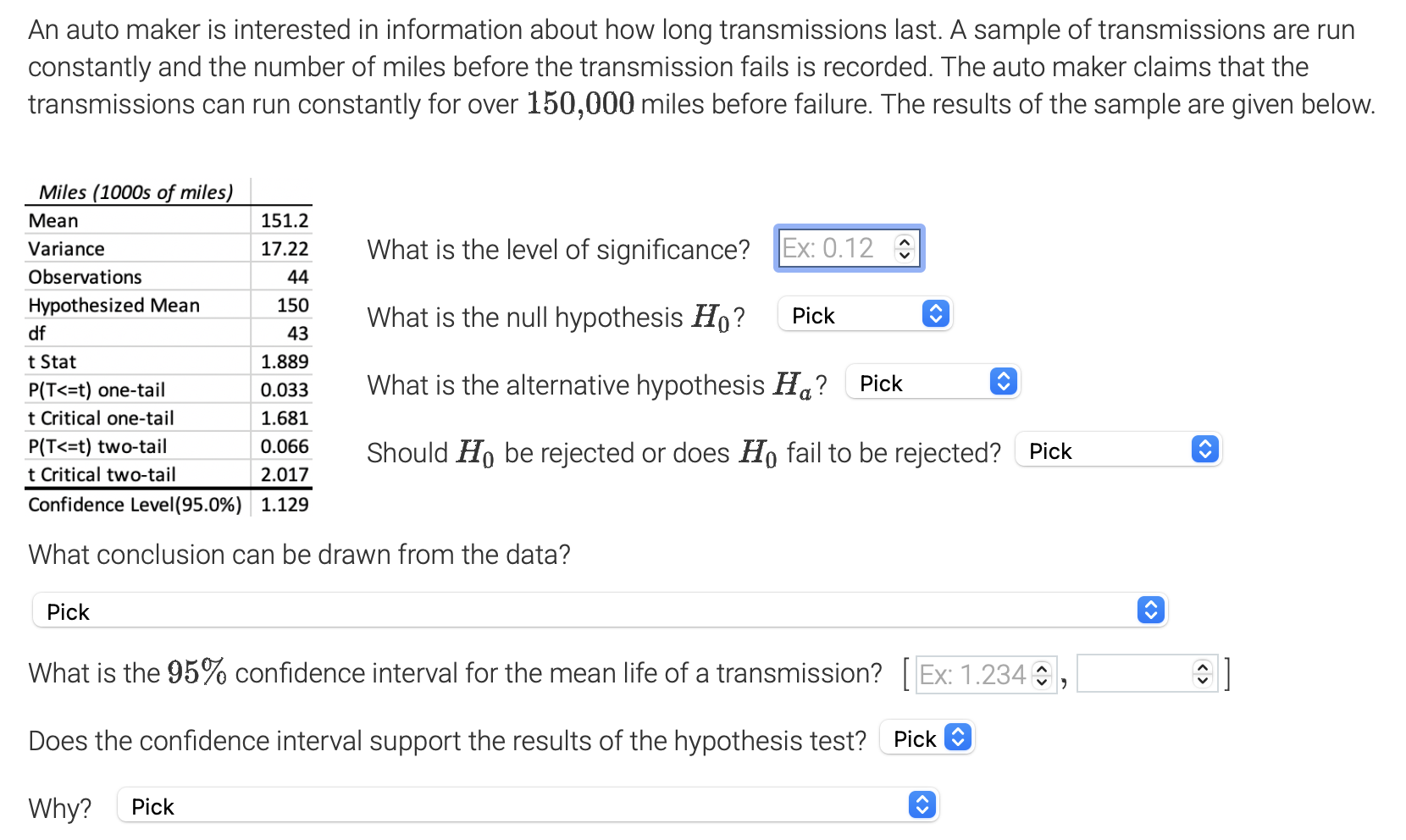 Solved Pick Options for “What is the null hypothesis?” and | Chegg.com