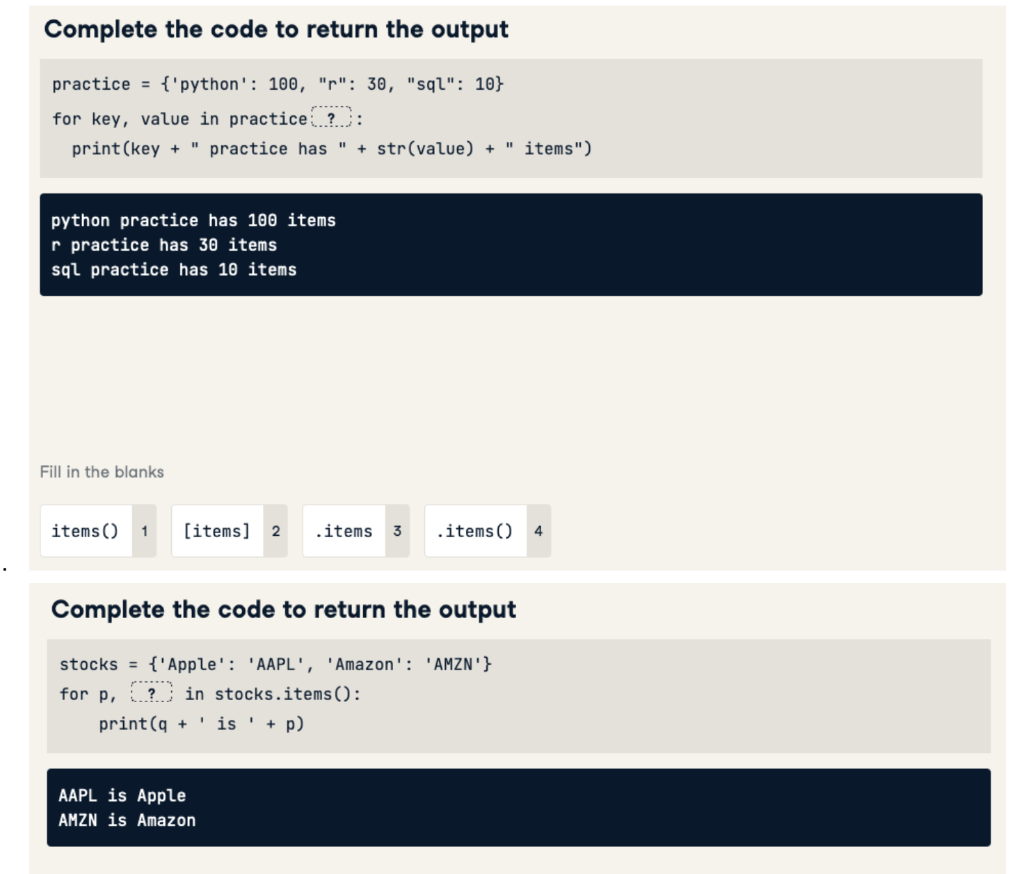 Solved Complete the code to return the output practice ={ | Chegg.com