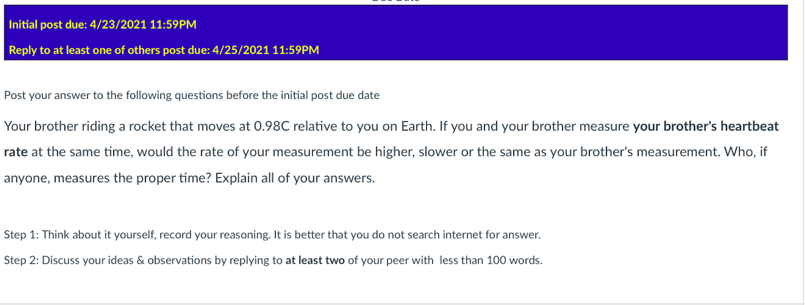 Initial post due 4/23/2021 1159PM Reply to at least