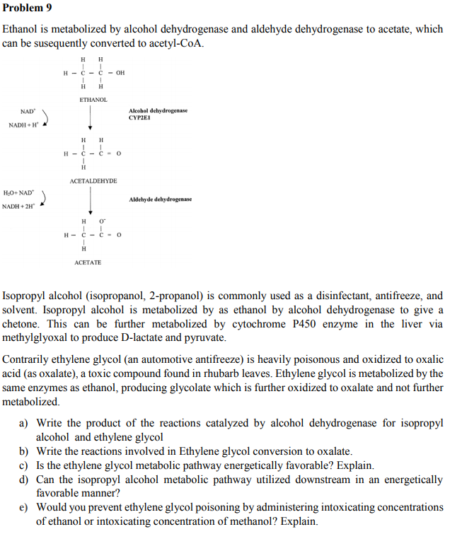 Solved Problem 9 Ethanol is metabolized by alcohol | Chegg.com