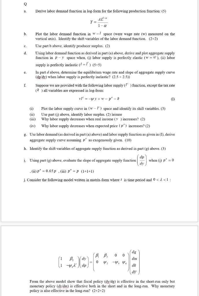 Q a. Derive labor demand function in log-form for the | Chegg.com