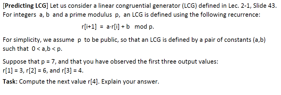 Solved [Predicting LCG) Let us consider a linear | Chegg.com