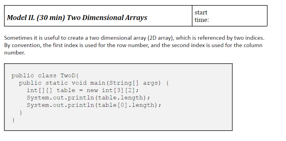 Solved Model II. (30 min) Two Dimensional Arrays start time: | Chegg.com