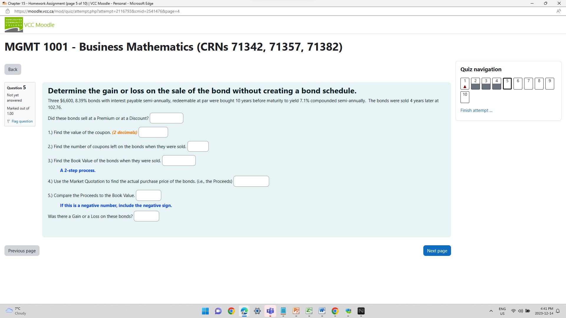 Question 5Marked out ofDetermine the gain or loss on