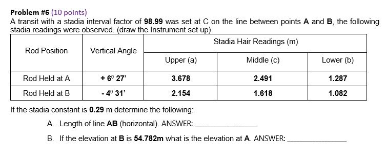 Solved Problem #6 (10 points) A transit with a stadia | Chegg.com