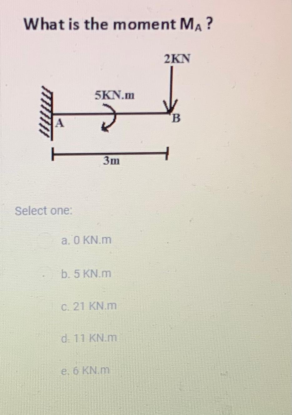 Solved What is the moment MA? 2KN 5KN.m B 3m Select one: a. | Chegg.com