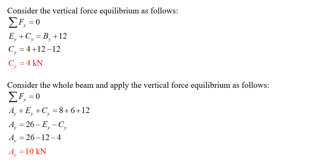 Consider the vertical force equilibrium as follows: SF, = 0) E, +C, = B, +12 C, = 4 +12-12 C, = 4 kN Consider the whole beam