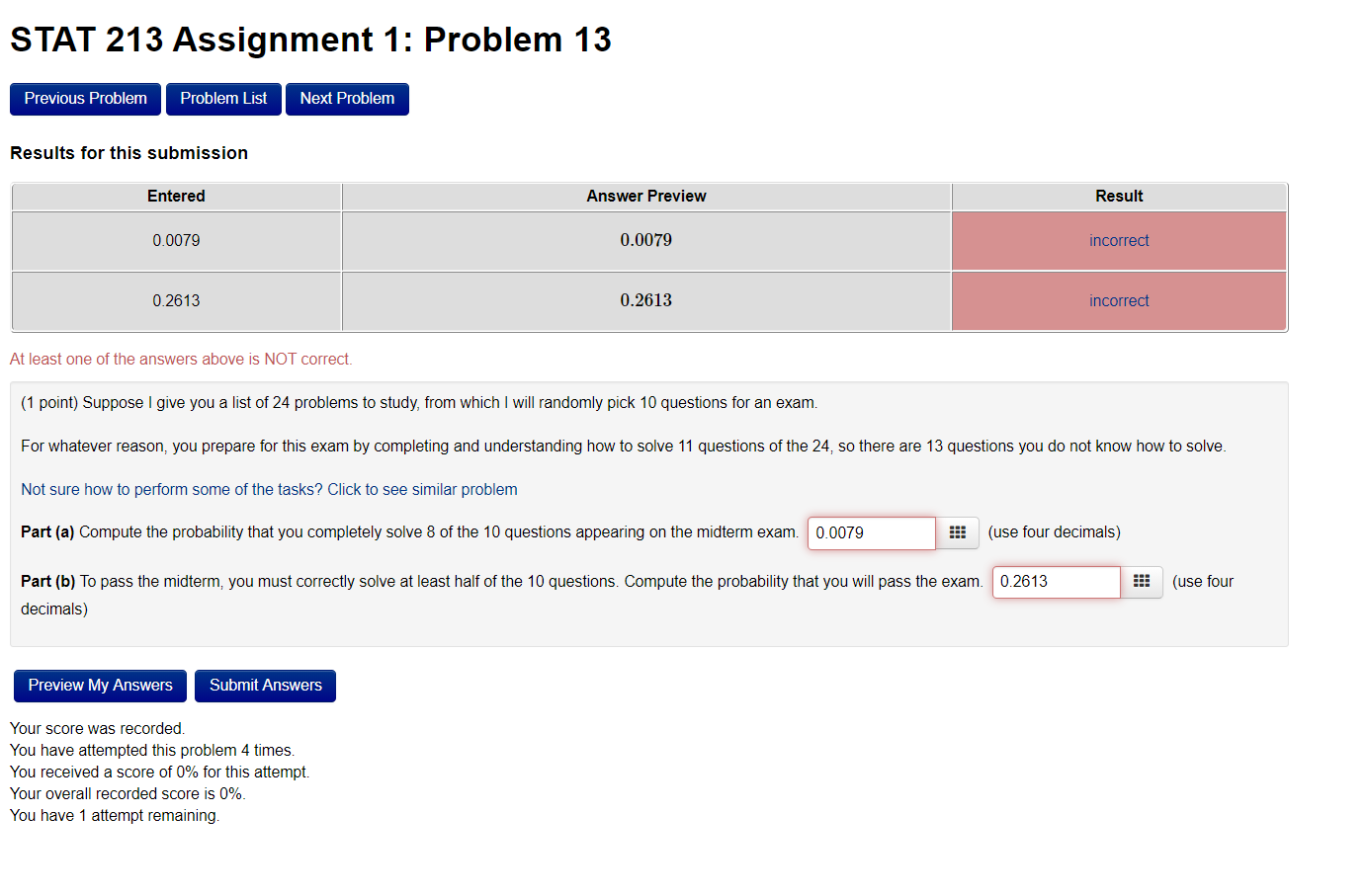 Solved STAT 213 Assignment 1: Problem 13 Previous Problem | Chegg.com