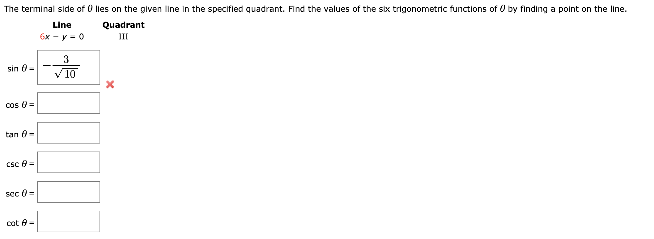 Solved The terminal side of Olies on the given line in the | Chegg.com
