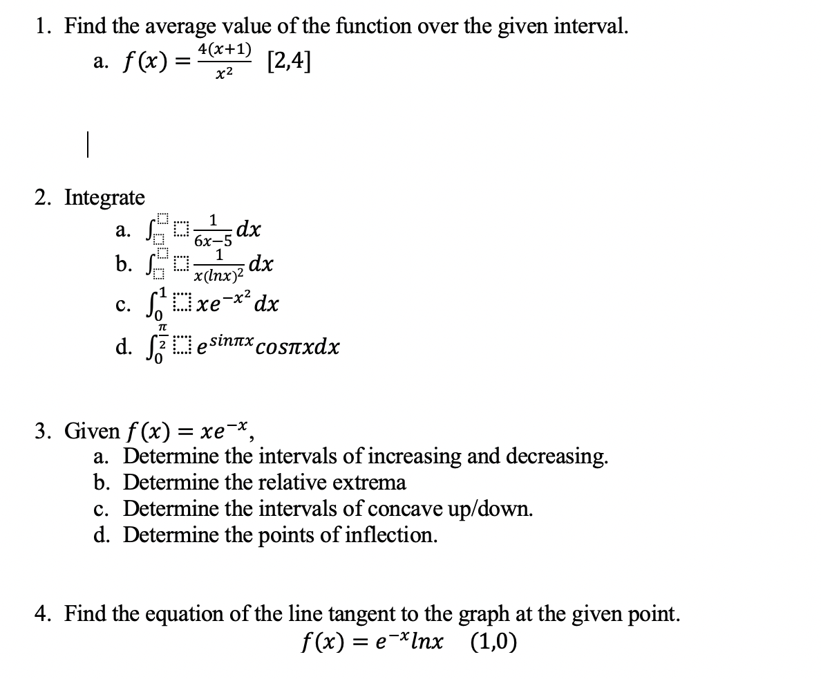 Solved 1 Find The Average Value Of The Function Over The Chegg Com