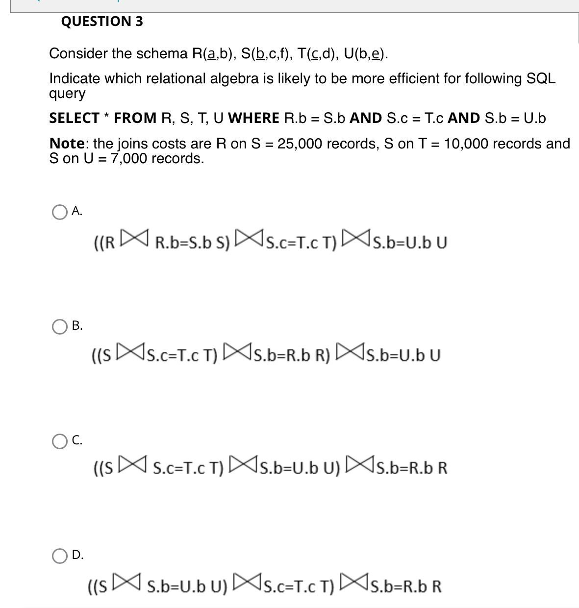 Solved Consider the schema R(a,b),S(b,c,f),T(c,d),U(b,e). | Chegg.com