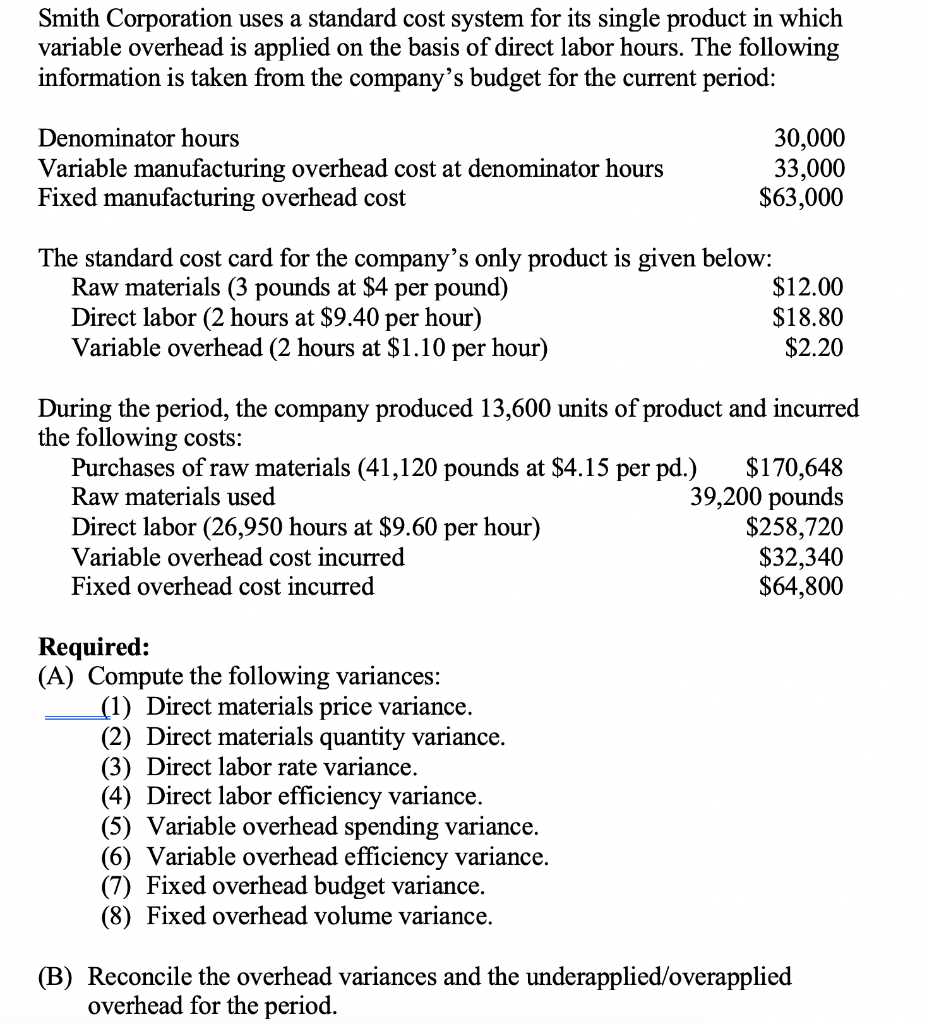 Solved Smith Corporation uses a standard cost system for its