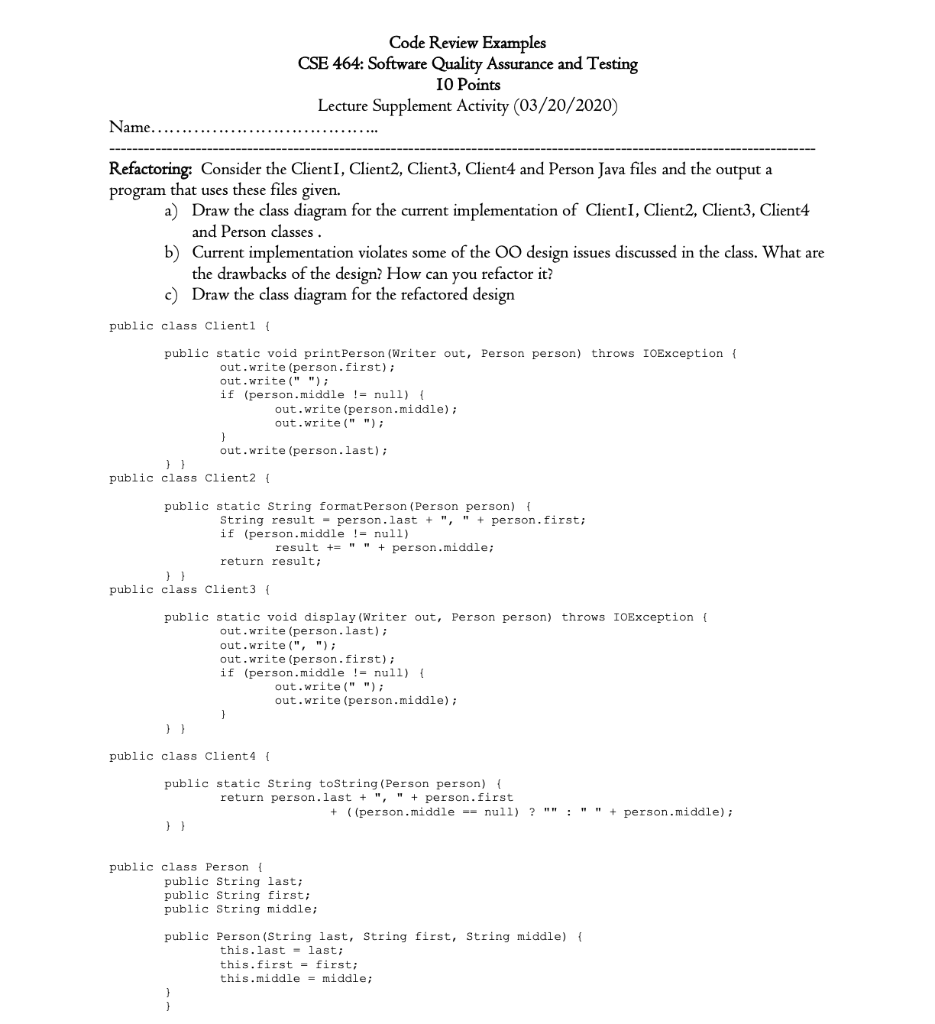 Solved Code Review Examples CSE 464 Software Quality Ass