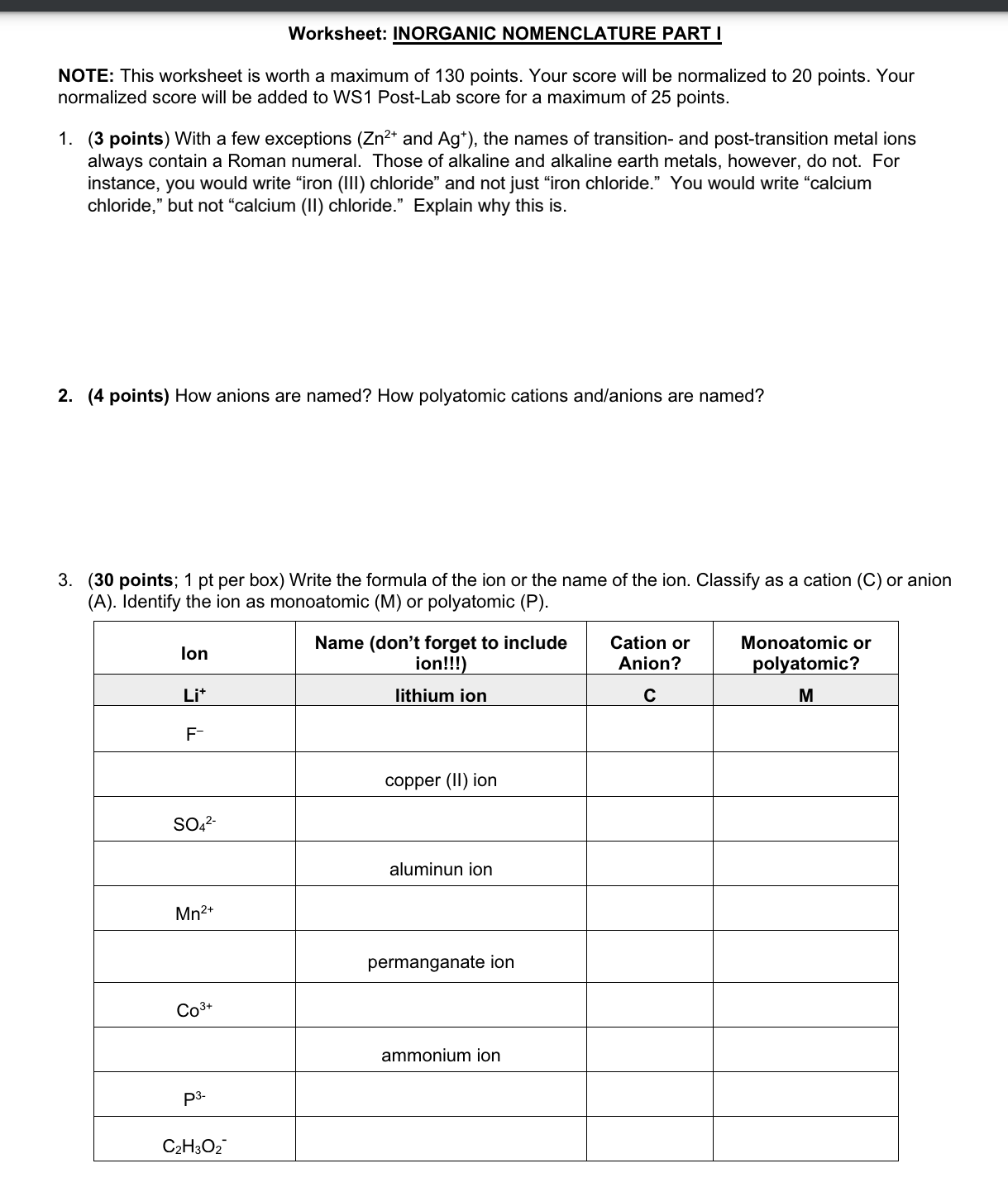 Solved Worksheet: Inorganic Nomenclature Part Inote: This 