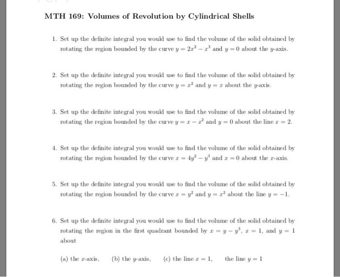 Solved MTH 169: Volumes of Revolution by Cylindrical Shells | Chegg.com