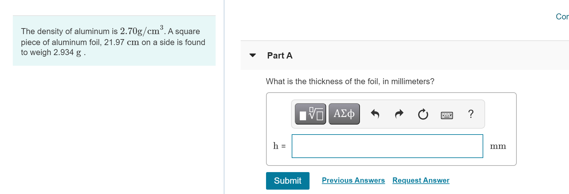 Solved Cor The density of aluminum is 2.70g/cm3. A square
