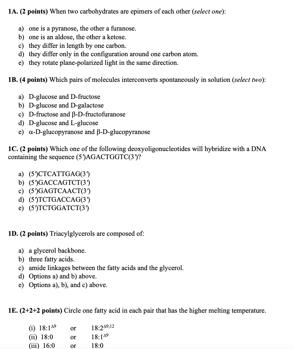 Solved 1A. (2 points) When two carbohydrates are epimers of | Chegg.com