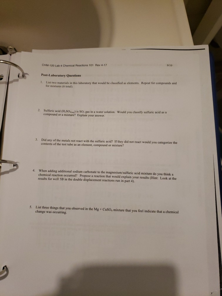 CHM120 Lab 4 Chemical Reactions 101 Rev 417 9/10