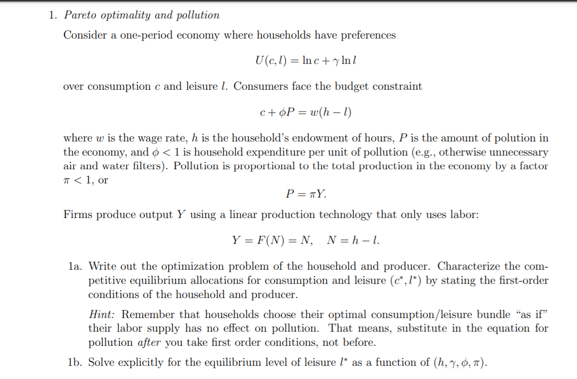 1 Pareto Optimality And Pollution Consider A One Chegg Com