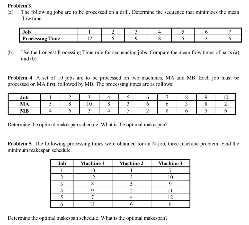 Problem 3. (a) The following jobs are to be processed on a drill. Determine the sequence that minimizes the mean flow time. |