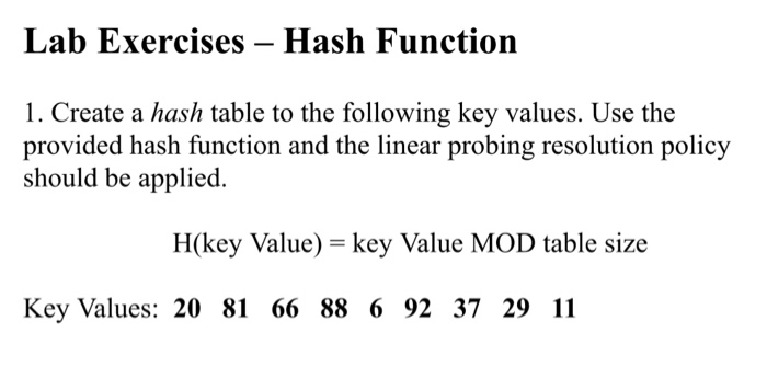 Solved Create a hash table to the following key values. Use | Chegg.com