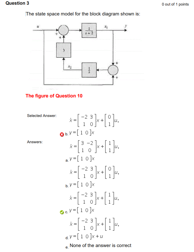 Solved Question 3 O out of 1 points The state space model | Chegg.com