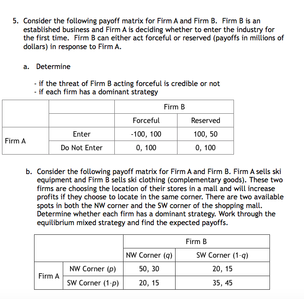 Solved 5. Consider the following payoff matrix for Firm A | Chegg.com