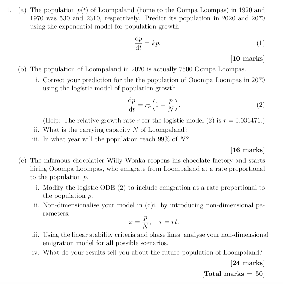 Loompaland Solved = kp. = rp(1-). 1. (a) The population p(t) of | Chegg.com
